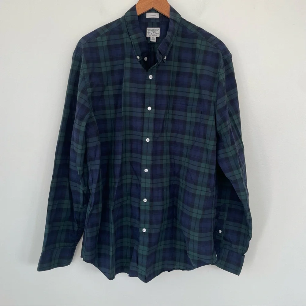 J Crew‎ Classic Fit Blackwatch Pattern Secret Wash Organic Poplin Shirt XL Green